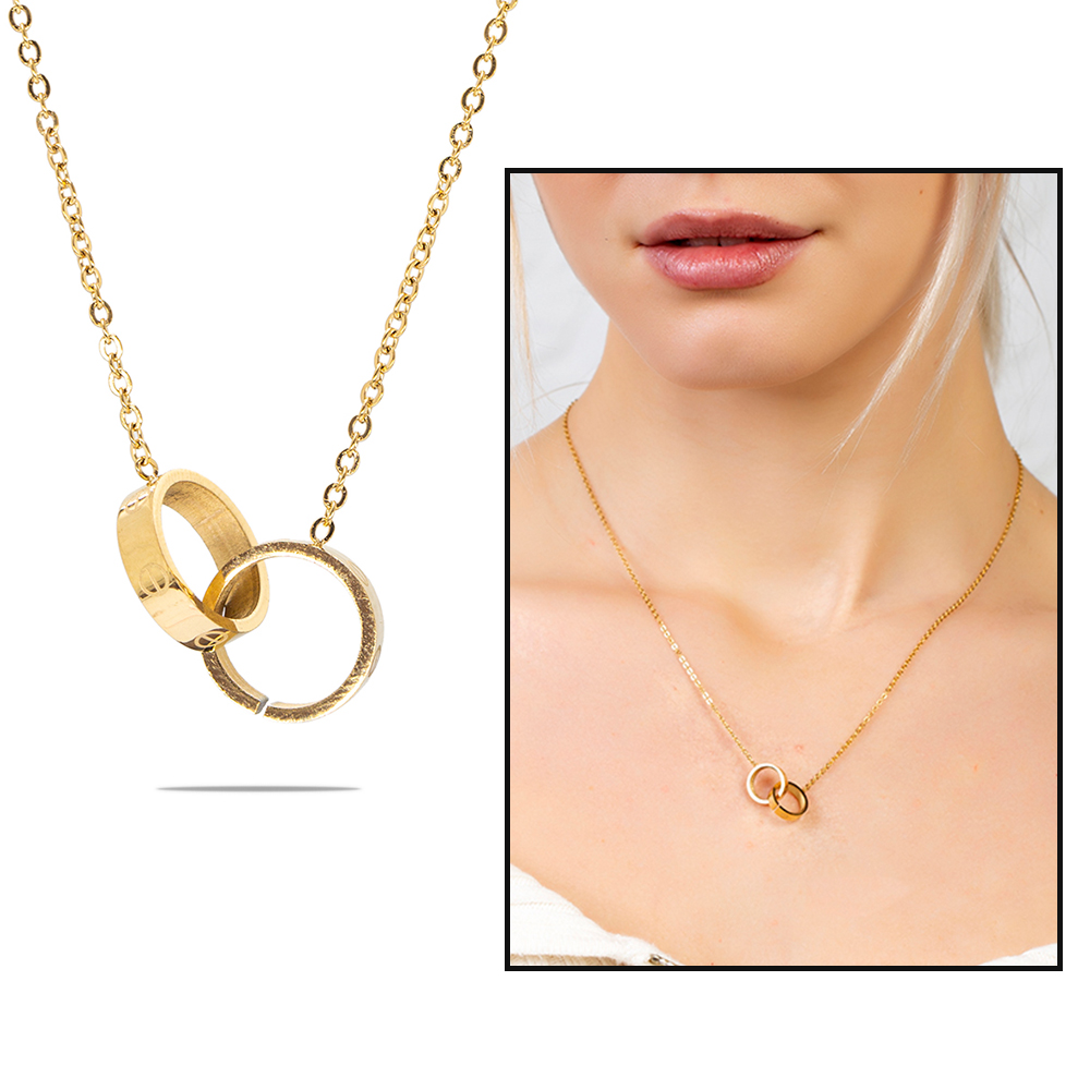 Çift Alyans Tasarım Altın Renk Çelik Kadın Kolye - 1