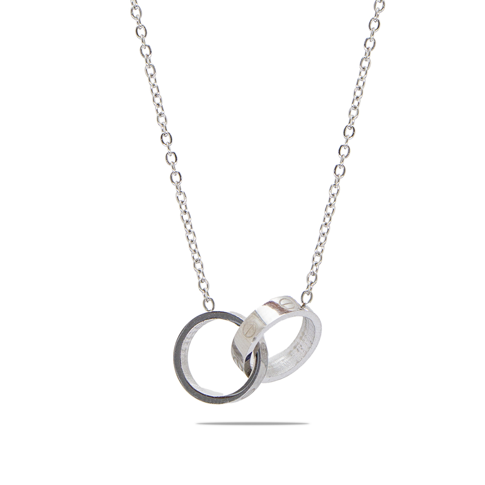 Çift Alyans Tasarım Gümüş Renk Çelik Kadın Kolye - 6