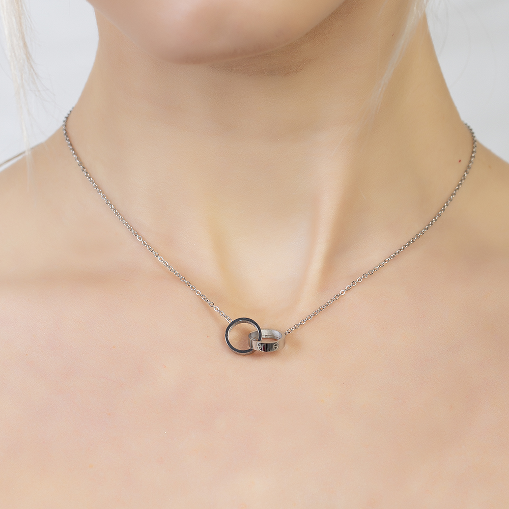 Çift Alyans Tasarım Gümüş Renk Çelik Kadın Kolye - 2