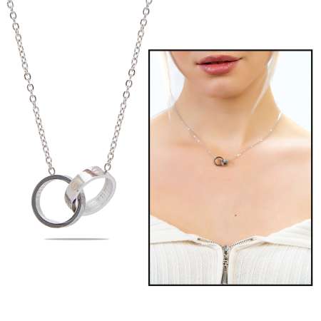 Çift Alyans Tasarım Gümüş Renk Çelik Kadın Kolye - Tesbihane