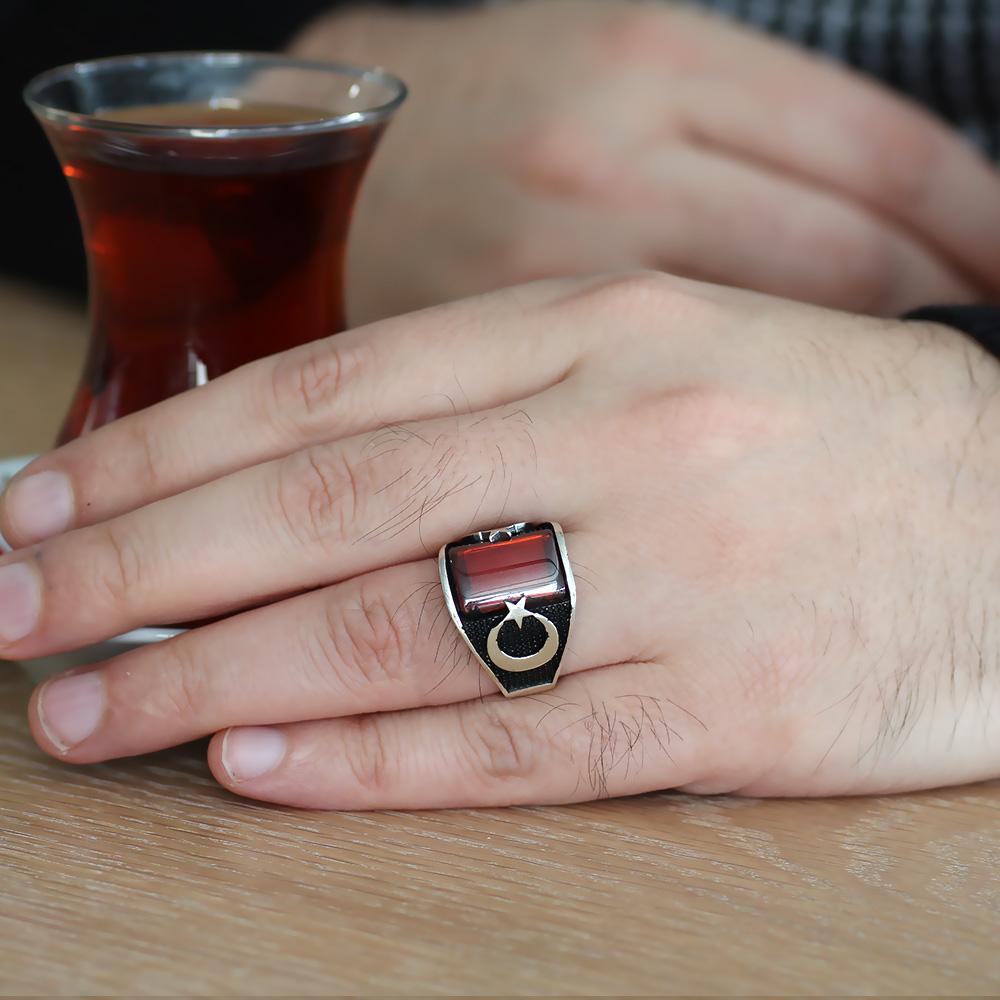 Çift Ayyıldız Motifli Kırmızı Zirkon Taşlı 925 Ayar Gümüş Erkek Yüzük - 2