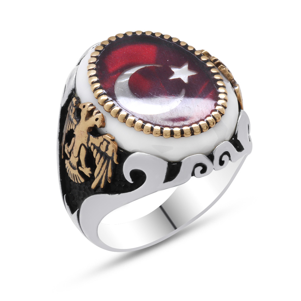 Çift Kartal İşlemeli Ayyıldız Motifli Kırmızı Mineli 925 Ayar Gümüş Yüzük - 3