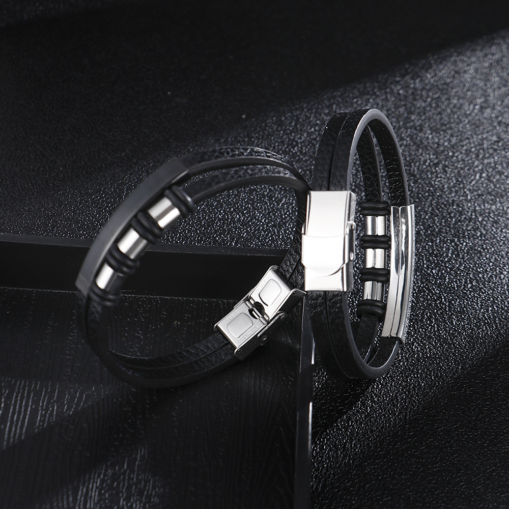 Çift Katmanlı Siyah Deri ve Siyah Çelik Plaka Kilit Sistemli İsme Özel Harf Yazılı Erkek Bileklik - 2