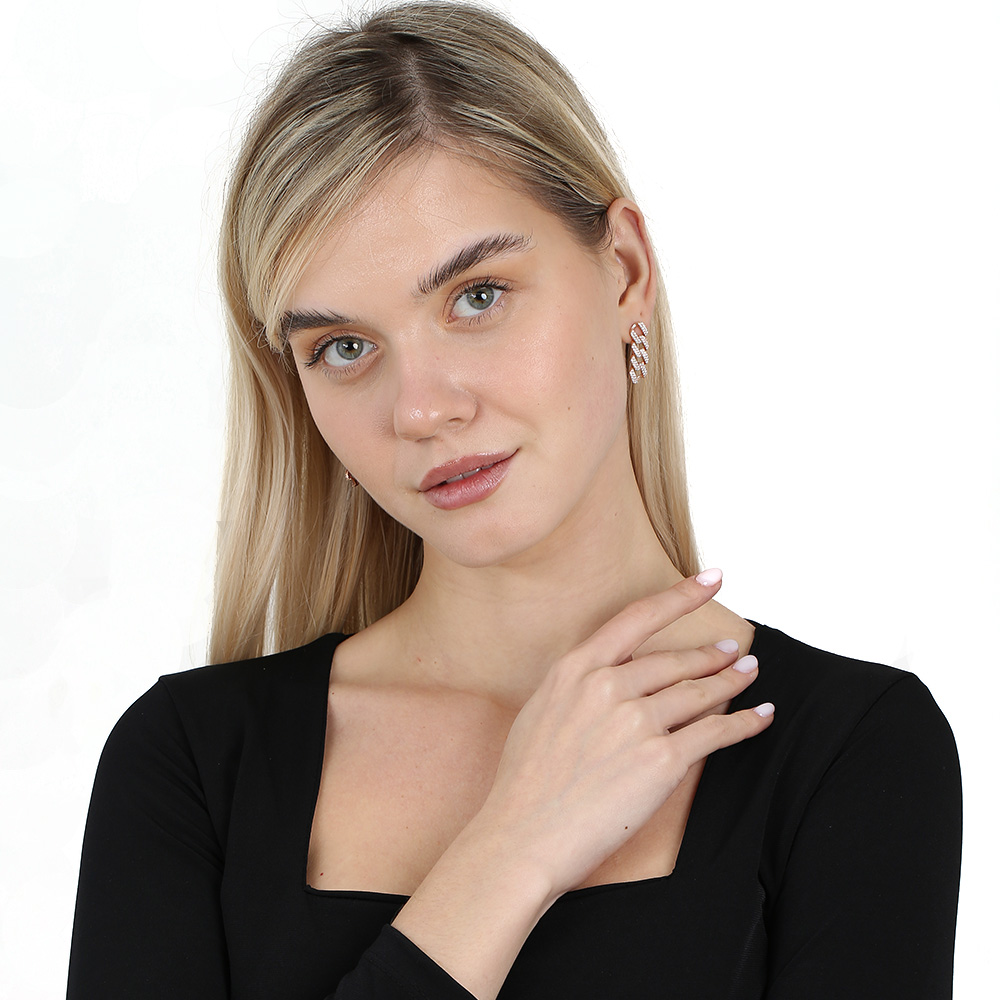 Çift Sıra Beyaz Zirkon Taşlı Rose Renk 925 Ayar Gümüş Gurmet Kadın Küpe - 2