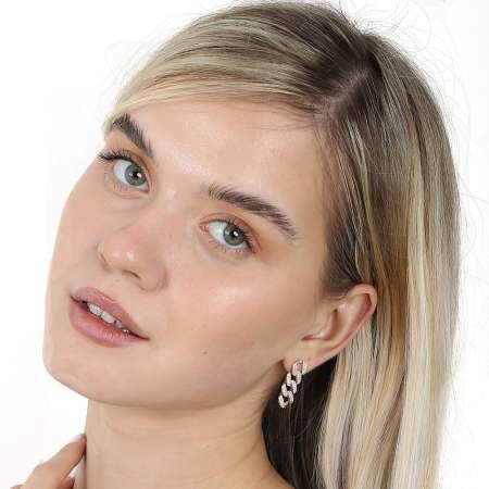 Çift Sıra Beyaz Zirkon Taşlı Rose Renk 925 Ayar Gümüş Gurmet Kadın Küpe - Tesbihane