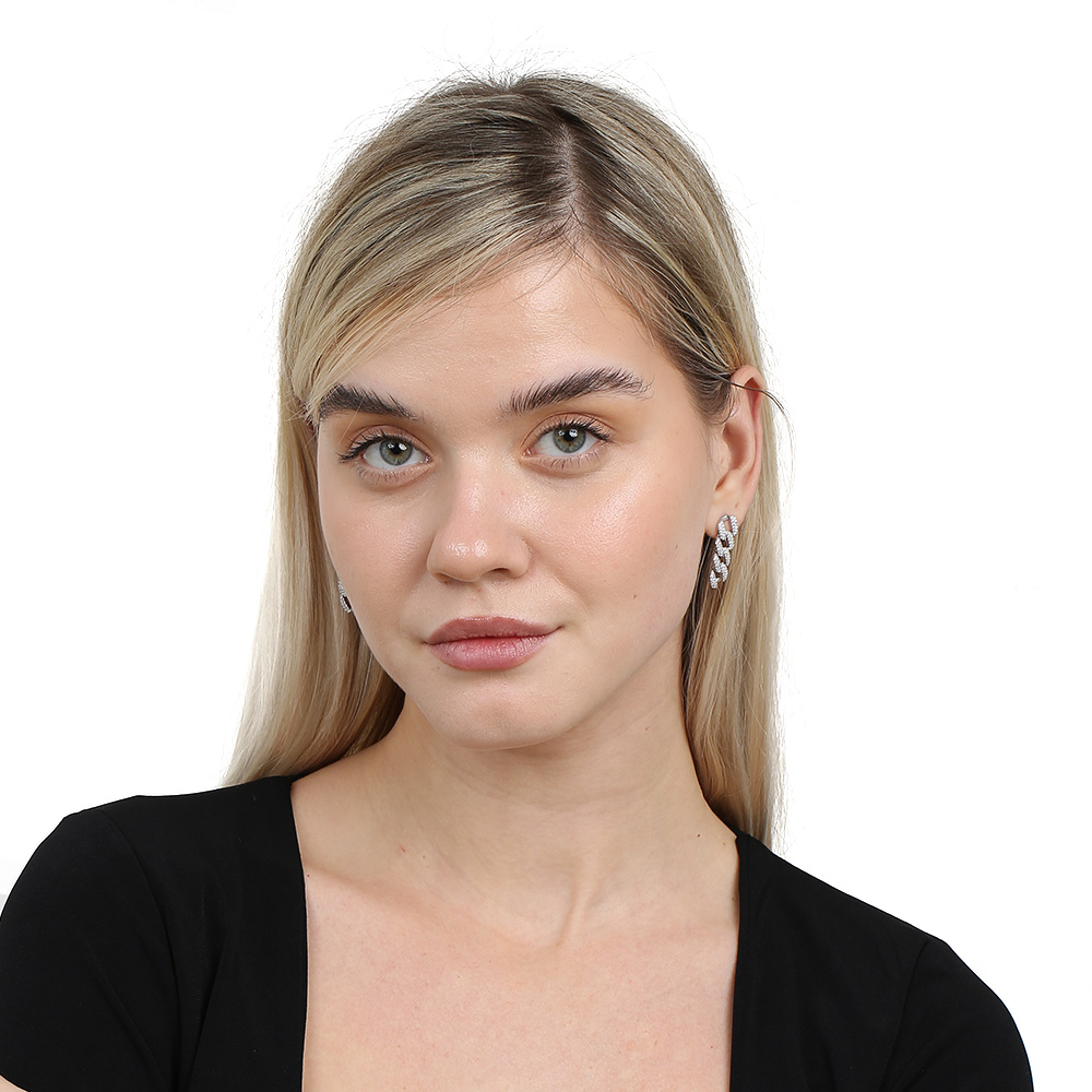 Çift Sıra Beyaz Zirkon Taşlı Gümüş Renk 925 Ayar Gümüş Gurmet Kadın Küpe - 2