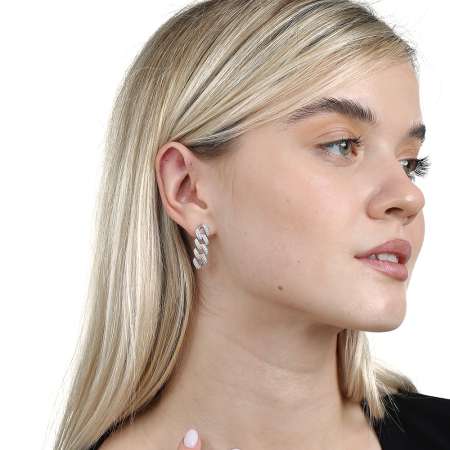 Çift Sıra Beyaz Zirkon Taşlı Gümüş Renk 925 Ayar Gümüş Gurmet Kadın Küpe - Tesbihane