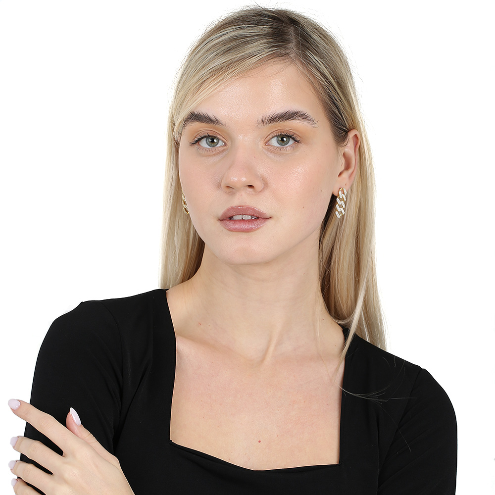 Çift Sıra Beyaz Zirkon Taşlı Altın Renk 925 Ayar Gümüş Gurmet Kadın Küpe - 2