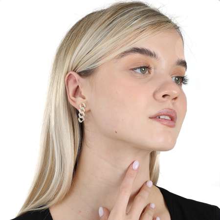 Çift Sıra Beyaz Zirkon Taşlı Altın Renk 925 Ayar Gümüş Gurmet Kadın Küpe - Tesbihane