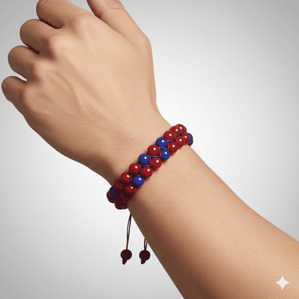 Çift Sıra Makrome Örgülü Küre Kesim Bordo Mavi Jade Doğaltaş Erkek Taraftar Bileklik - 2