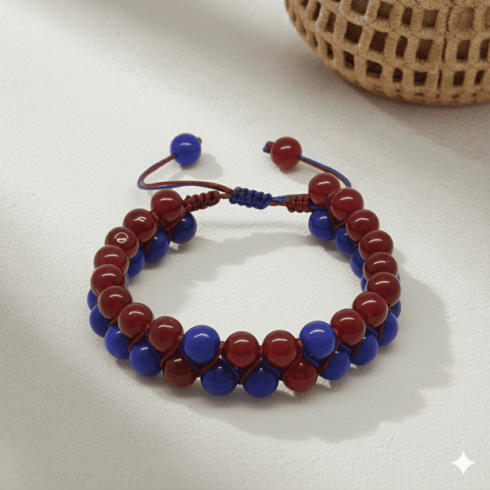 Çift Sıra Makrome Örgülü Küre Kesim Bordo Mavi Jade Doğaltaş Erkek Taraftar Bileklik - 3