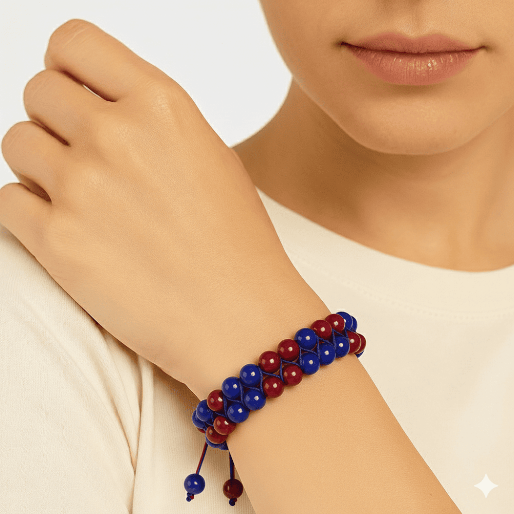 Çift Sıra Makrome Örgülü Küre Kesim Bordo Mavi Jade Doğaltaş Kadın Taraftar Bileklik - 2