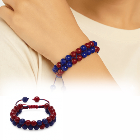 Çift Sıra Makrome Örgülü Küre Kesim Bordo Mavi Jade Doğaltaş Kadın Taraftar Bileklik - Tesbihane