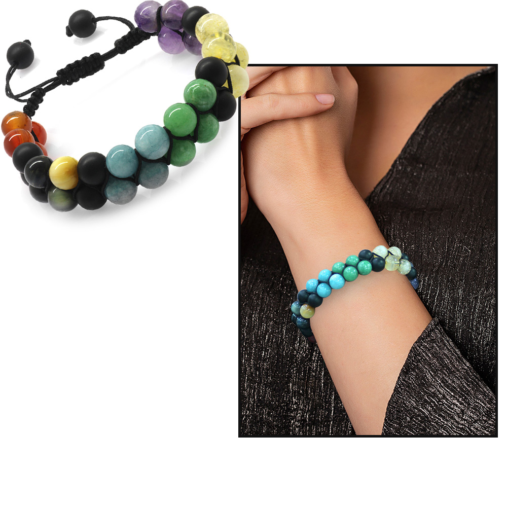 Çift Sıra Makrome Örgülü Küre Kesim Çakra Doğaltaş Kombinli Kadın Başarı Bilekliği - 8