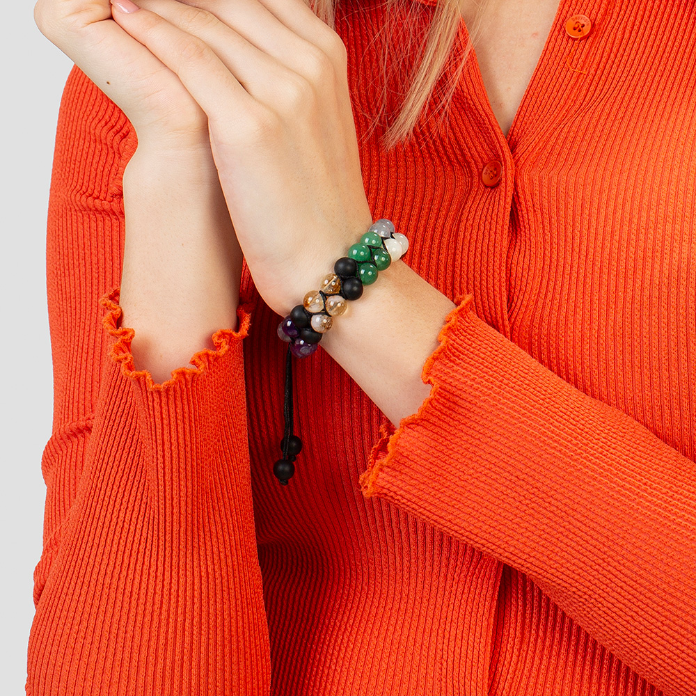 Çift Sıra Makrome Örgülü Küre Kesim Çakra Doğaltaş Kombinli Kadın Başarı Bilekliği - 2