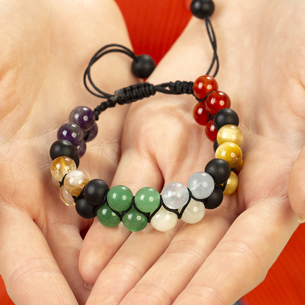 Çift Sıra Makrome Örgülü Küre Kesim Çakra Doğaltaş Kombinli Kadın Başarı Bilekliği - 6