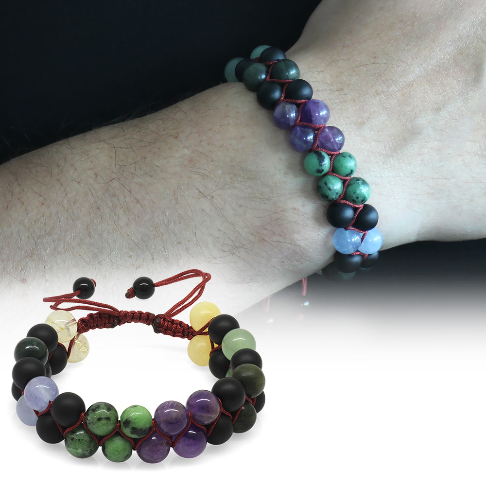 Çift Sıra Makrome Örgülü Küre Kesim Çoklu Doğaltaş Kombinli Erkek Şifa Bilekliği - 2