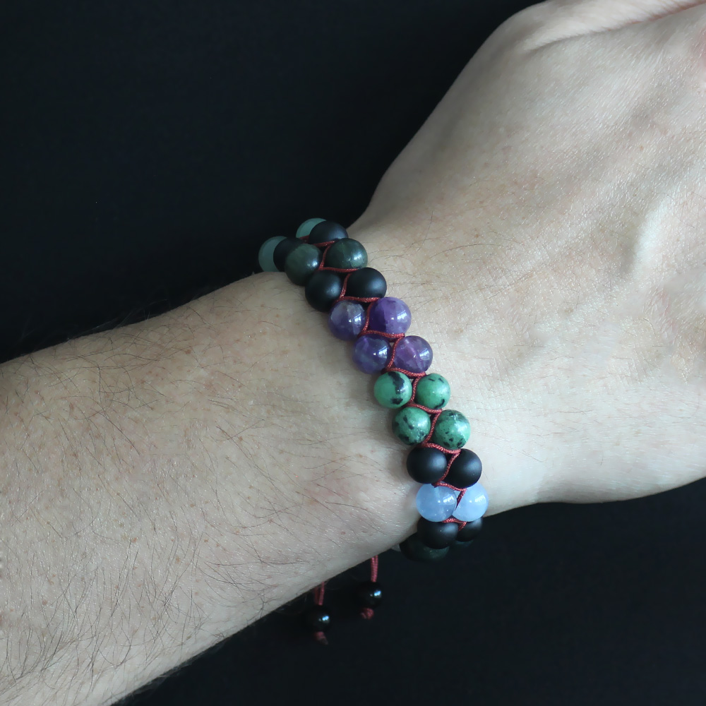 Çift Sıra Makrome Örgülü Küre Kesim Çoklu Doğaltaş Kombinli Erkek Şifa Bilekliği - 3