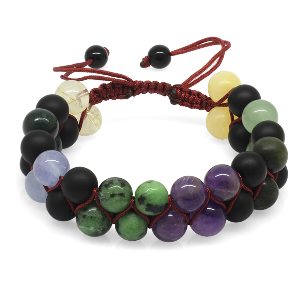 Çift Sıra Makrome Örgülü Küre Kesim Çoklu Doğaltaş Kombinli Kadın Şifa Bilekliği - 4