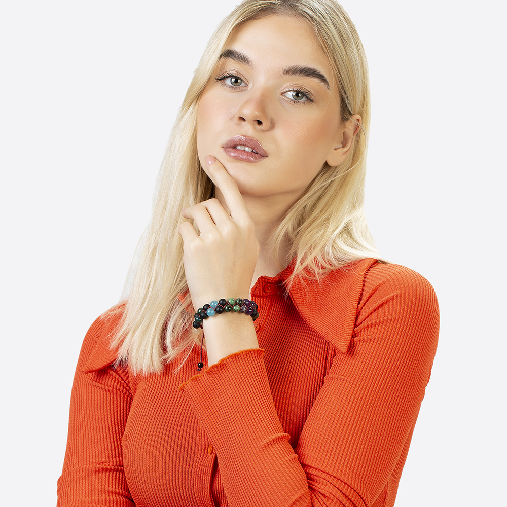 Çift Sıra Makrome Örgülü Küre Kesim Çoklu Doğaltaş Kombinli Kadın Şifa Bilekliği - 7