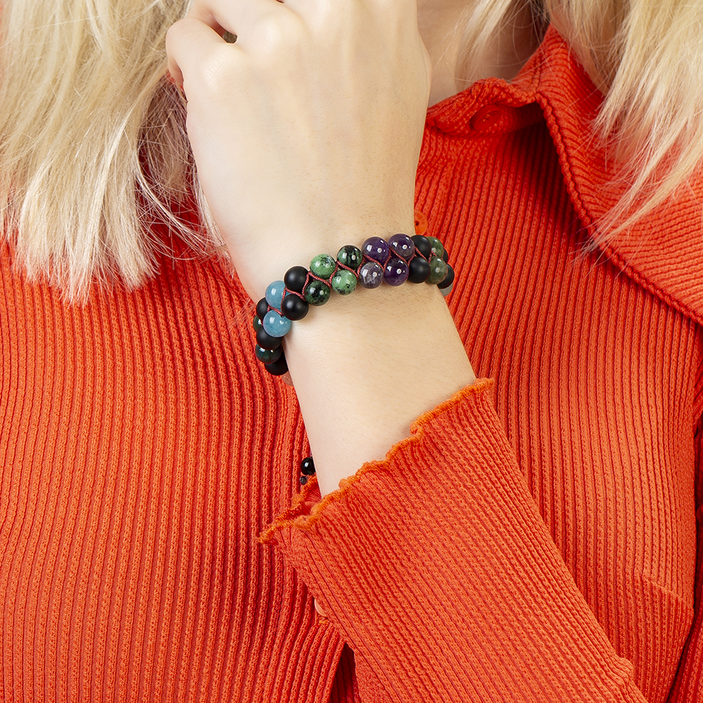 Çift Sıra Makrome Örgülü Küre Kesim Çoklu Doğaltaş Kombinli Kadın Şifa Bilekliği - 3