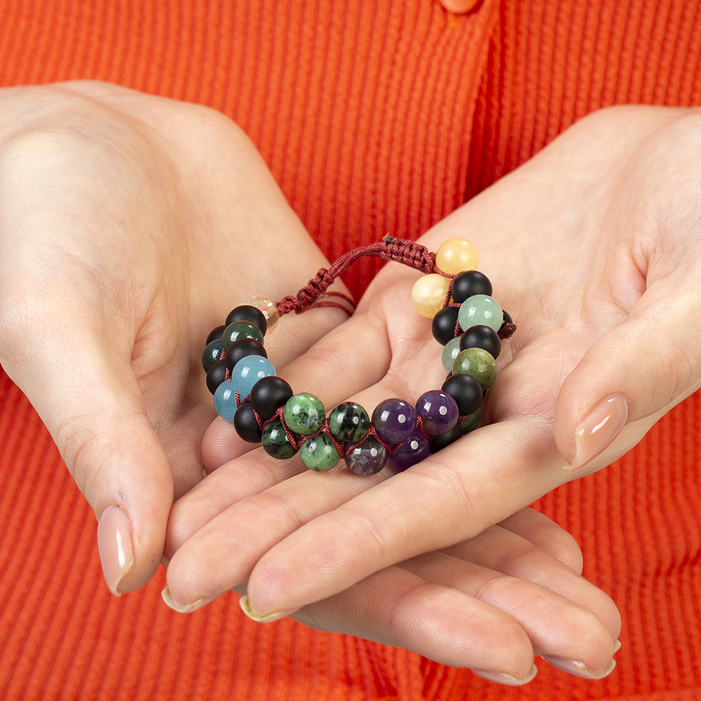 Çift Sıra Makrome Örgülü Küre Kesim Çoklu Doğaltaş Kombinli Kadın Şifa Bilekliği - 2