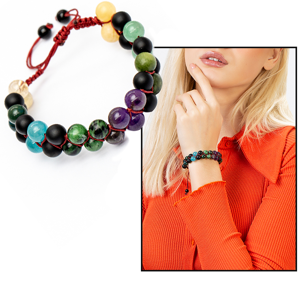 Çift Sıra Makrome Örgülü Küre Kesim Çoklu Doğaltaş Kombinli Kadın Şifa Bilekliği - 1