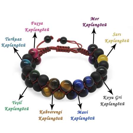 Çift Sıra Makrome Örgülü Küre Kesim Çoklu Kaplan Gözü Doğaltaş Kombinli Kadın Enerji Bilekliği - Tesbihane