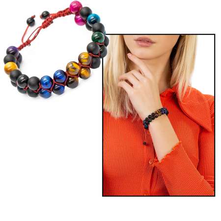 Çift Sıra Makrome Örgülü Küre Kesim Çoklu Kaplan Gözü Doğaltaş Kombinli Kadın Enerji Bilekliği - Tesbihane