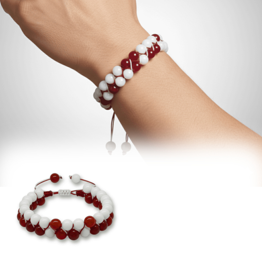 Çift Sıra Makrome Örgülü Küre Kesim Kırmızı Beyaz Jade Akik Doğaltaş Erkek Taraftar Bileklik - 1