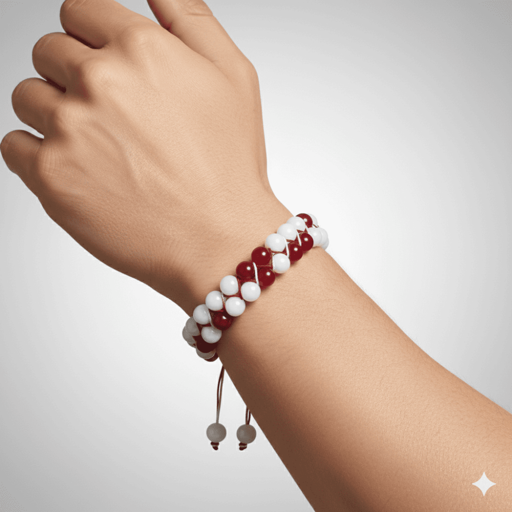 Çift Sıra Makrome Örgülü Küre Kesim Kırmızı Beyaz Jade Akik Doğaltaş Erkek Taraftar Bileklik - 2