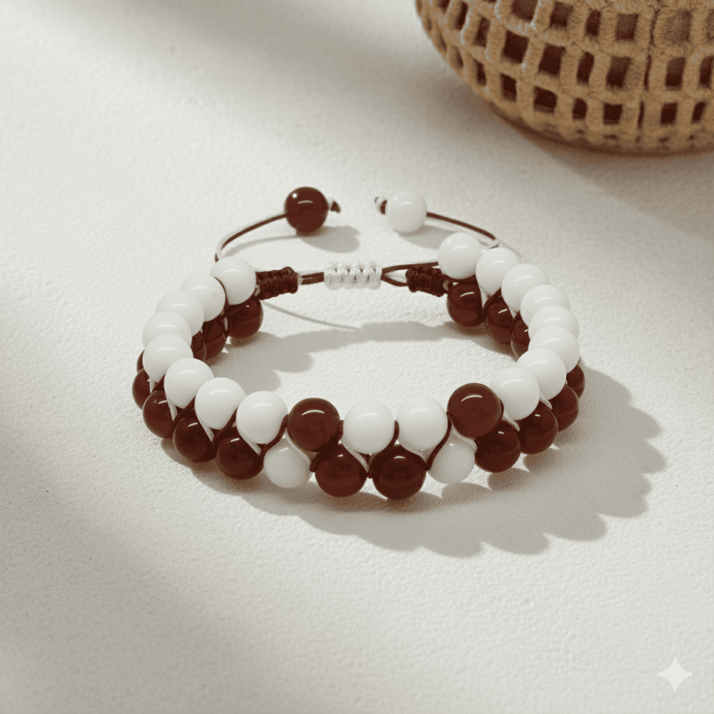 Çift Sıra Makrome Örgülü Küre Kesim Kırmızı Beyaz Jade Akik Doğaltaş Erkek Taraftar Bileklik - 3