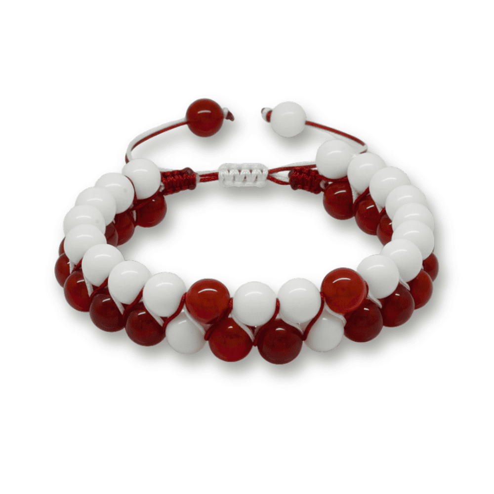 Çift Sıra Makrome Örgülü Küre Kesim Kırmızı Beyaz Jade Akik Doğaltaş Erkek Taraftar Bileklik - 4