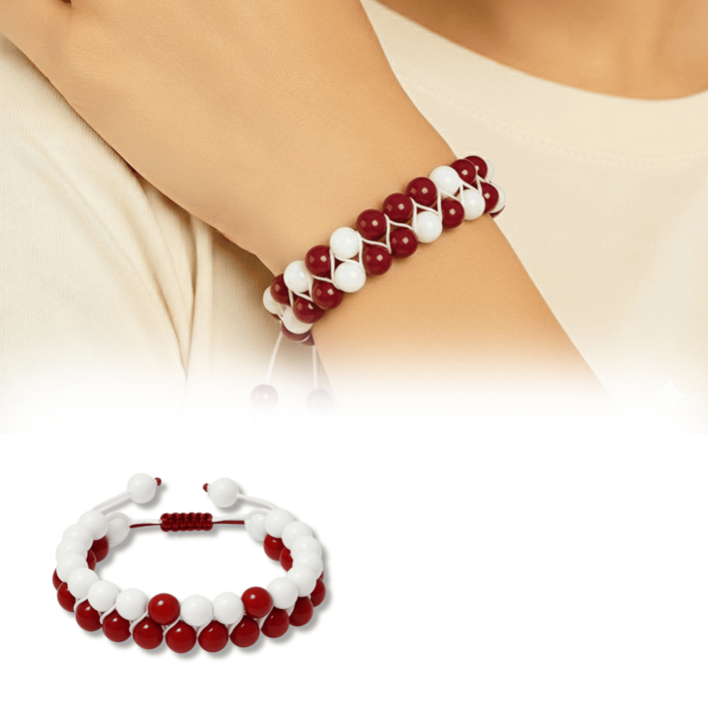 Çift Sıra Makrome Örgülü Küre Kesim Kırmızı Beyaz Jade Akik Doğaltaş Kadın Taraftar Bileklik - 1