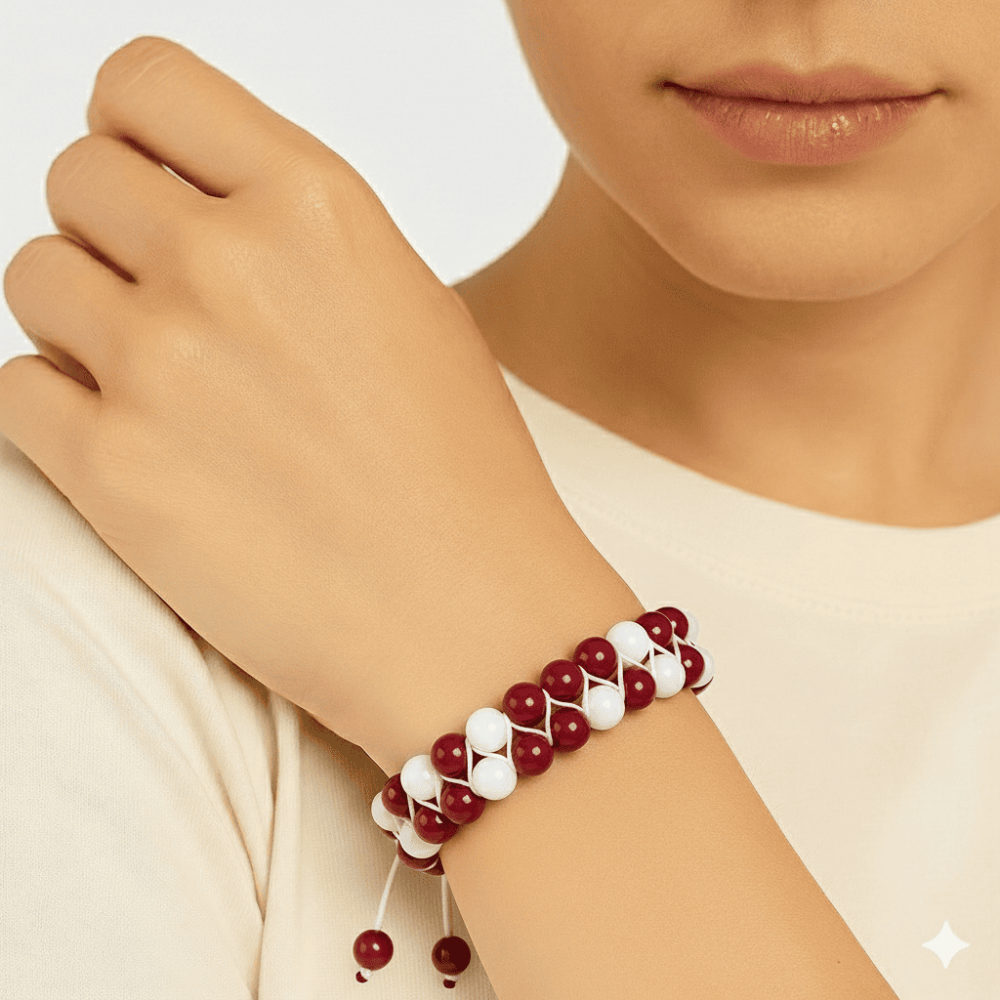 Çift Sıra Makrome Örgülü Küre Kesim Kırmızı Beyaz Jade Akik Doğaltaş Kadın Taraftar Bileklik - 2