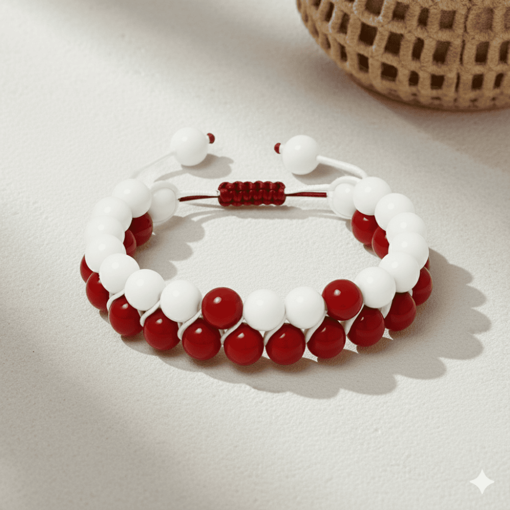 Çift Sıra Makrome Örgülü Küre Kesim Kırmızı Beyaz Jade Akik Doğaltaş Kadın Taraftar Bileklik - 3