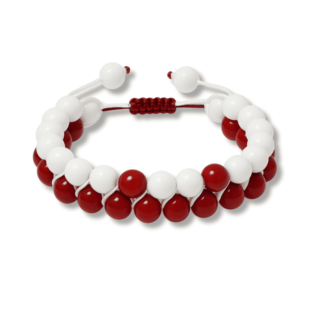 Çift Sıra Makrome Örgülü Küre Kesim Kırmızı Beyaz Jade Akik Doğaltaş Kadın Taraftar Bileklik - 4