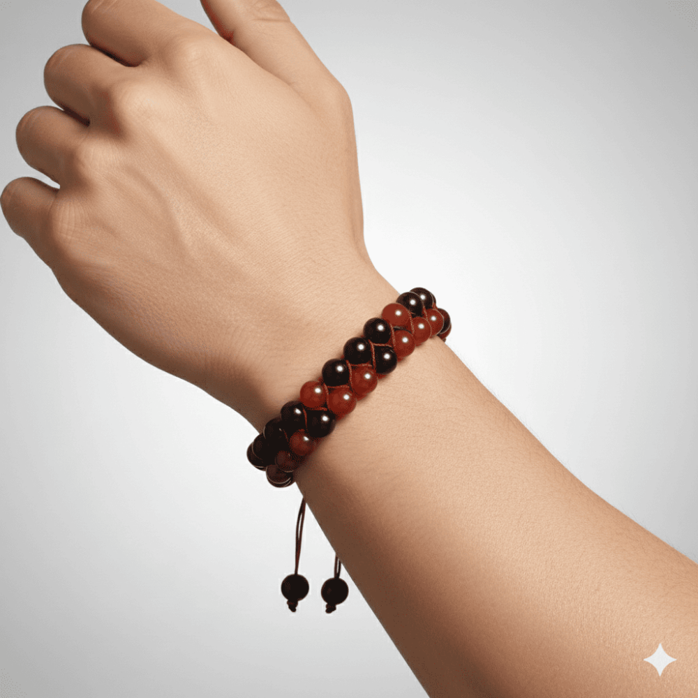 Çift Sıra Makrome Örgülü Küre Kesim Kırmızı Siyah Akik Oniks Doğaltaş Erkek Taraftar Bileklik - 2