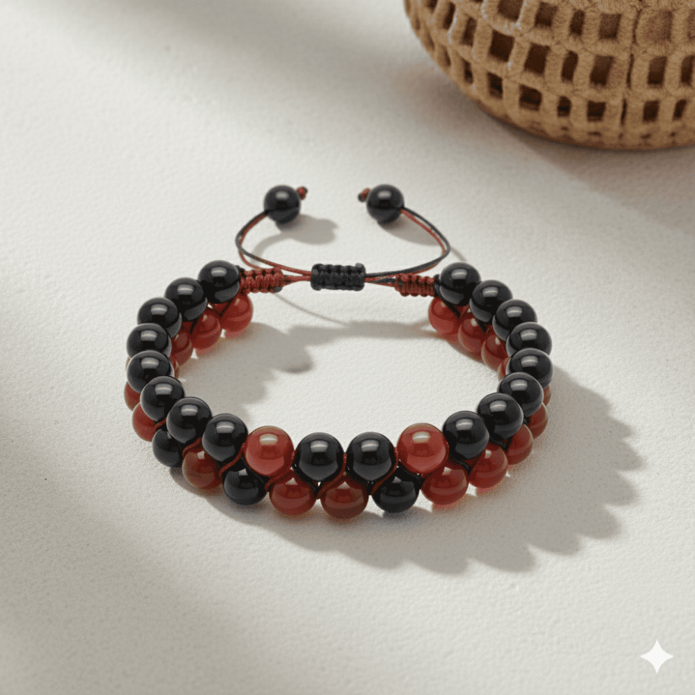 Çift Sıra Makrome Örgülü Küre Kesim Kırmızı Siyah Akik Oniks Doğaltaş Erkek Taraftar Bileklik - 3