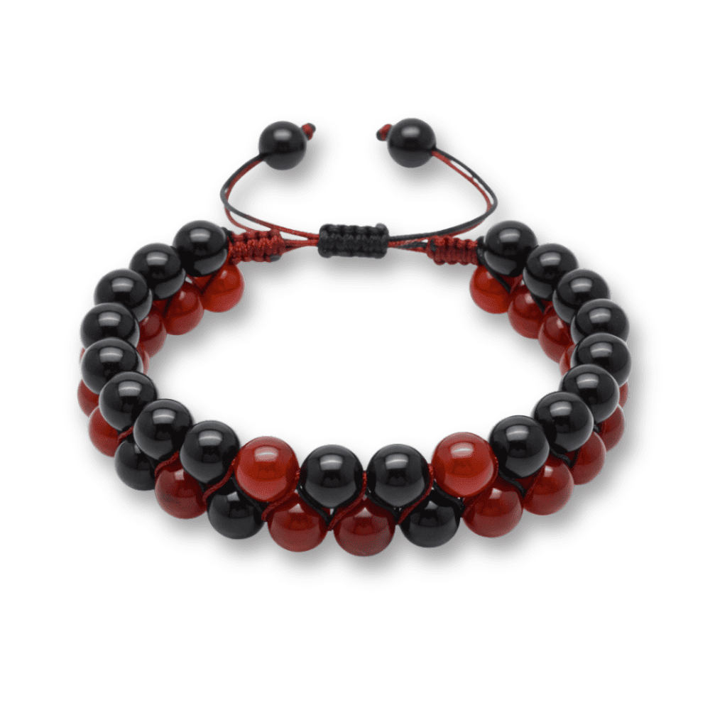 Çift Sıra Makrome Örgülü Küre Kesim Kırmızı Siyah Akik Oniks Doğaltaş Erkek Taraftar Bileklik - 4