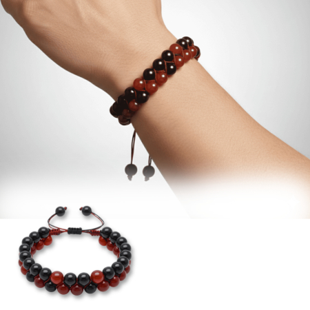 Çift Sıra Makrome Örgülü Küre Kesim Kırmızı Siyah Akik Oniks Doğaltaş Erkek Taraftar Bileklik - Tesbihane