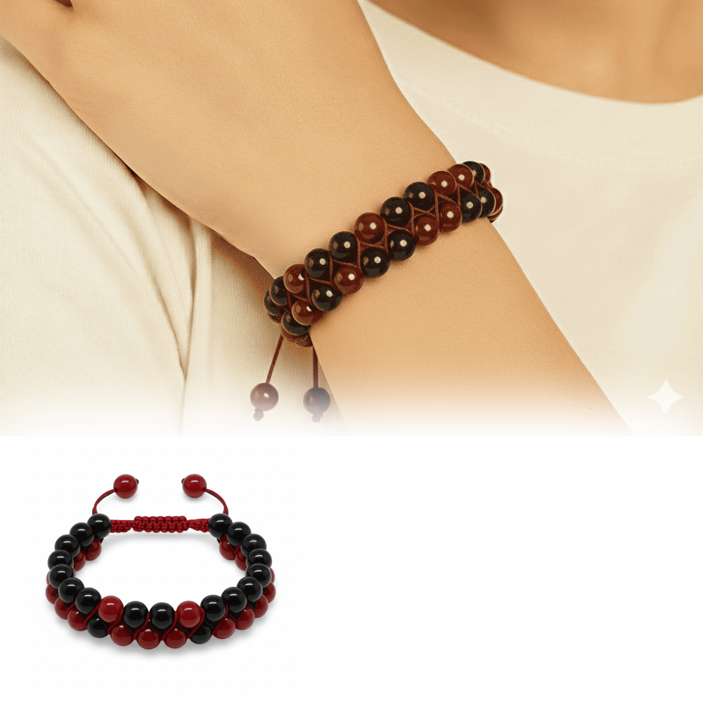 Çift Sıra Makrome Örgülü Küre Kesim Kırmızı Siyah Akik Oniks Doğaltaş Kadın Taraftar Bileklik - 1