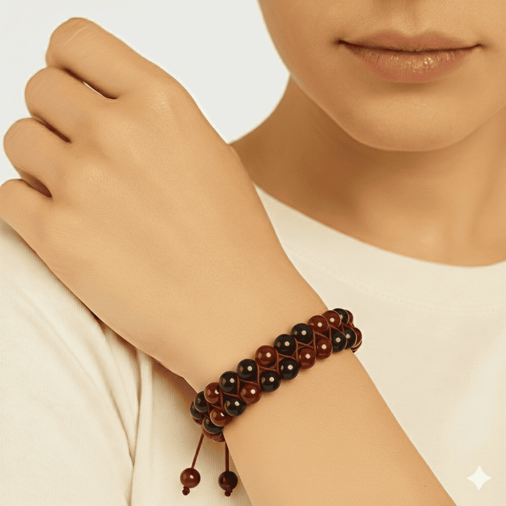 Çift Sıra Makrome Örgülü Küre Kesim Kırmızı Siyah Akik Oniks Doğaltaş Kadın Taraftar Bileklik - 2