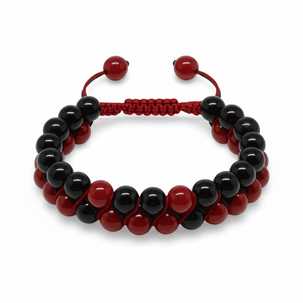 Çift Sıra Makrome Örgülü Küre Kesim Kırmızı Siyah Akik Oniks Doğaltaş Kadın Taraftar Bileklik - 4