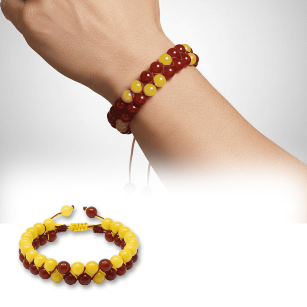 Çift Sıra Makrome Örgülü Küre Kesim Sarı Kırmızı Jade Akik Hematit Doğaltaş Erkek Taraftar Bileklik - 1