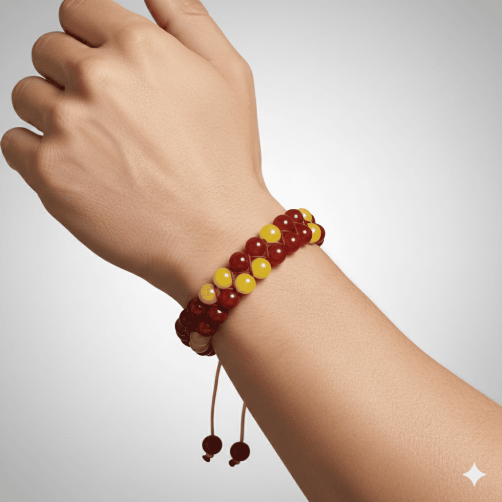 Çift Sıra Makrome Örgülü Küre Kesim Sarı Kırmızı Jade Akik Hematit Doğaltaş Erkek Taraftar Bileklik - 2