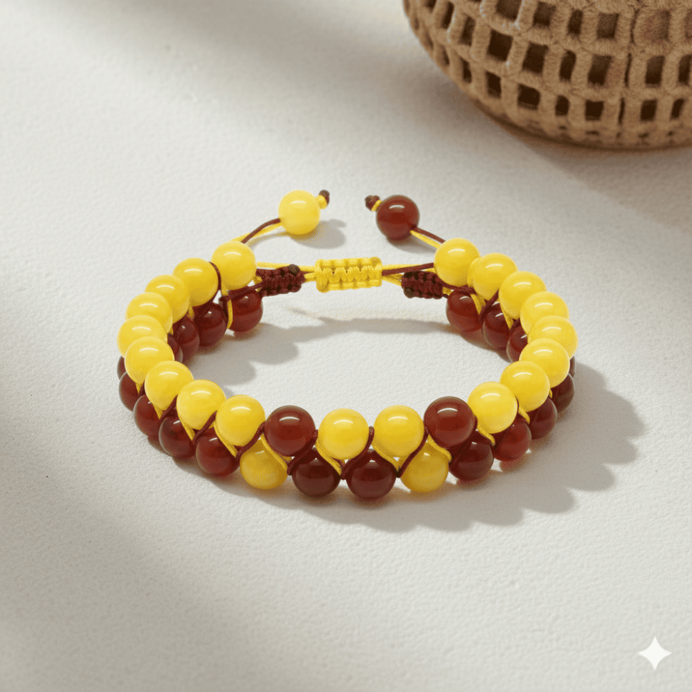 Çift Sıra Makrome Örgülü Küre Kesim Sarı Kırmızı Jade Akik Hematit Doğaltaş Erkek Taraftar Bileklik - 3