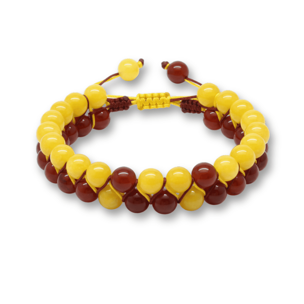 Çift Sıra Makrome Örgülü Küre Kesim Sarı Kırmızı Jade Akik Hematit Doğaltaş Erkek Taraftar Bileklik - 4
