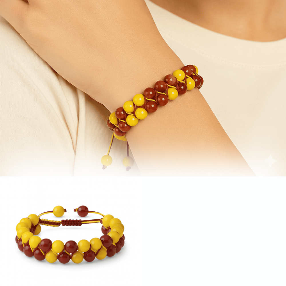 Çift Sıra Makrome Örgülü Küre Kesim Sarı Kırmızı Jade Akik Hematit Doğaltaş Kadın Taraftar Bileklik - 1