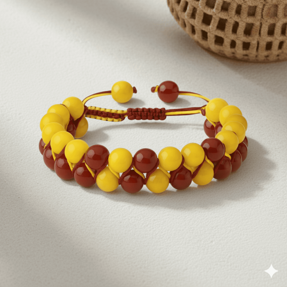 Çift Sıra Makrome Örgülü Küre Kesim Sarı Kırmızı Jade Akik Hematit Doğaltaş Kadın Taraftar Bileklik - 3